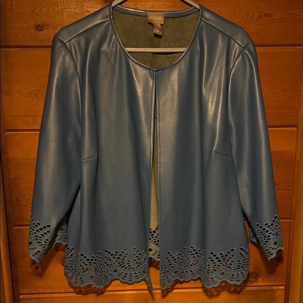Chico's Teal Faux-Leather Open Front Jacket with Laser-Cut Hem